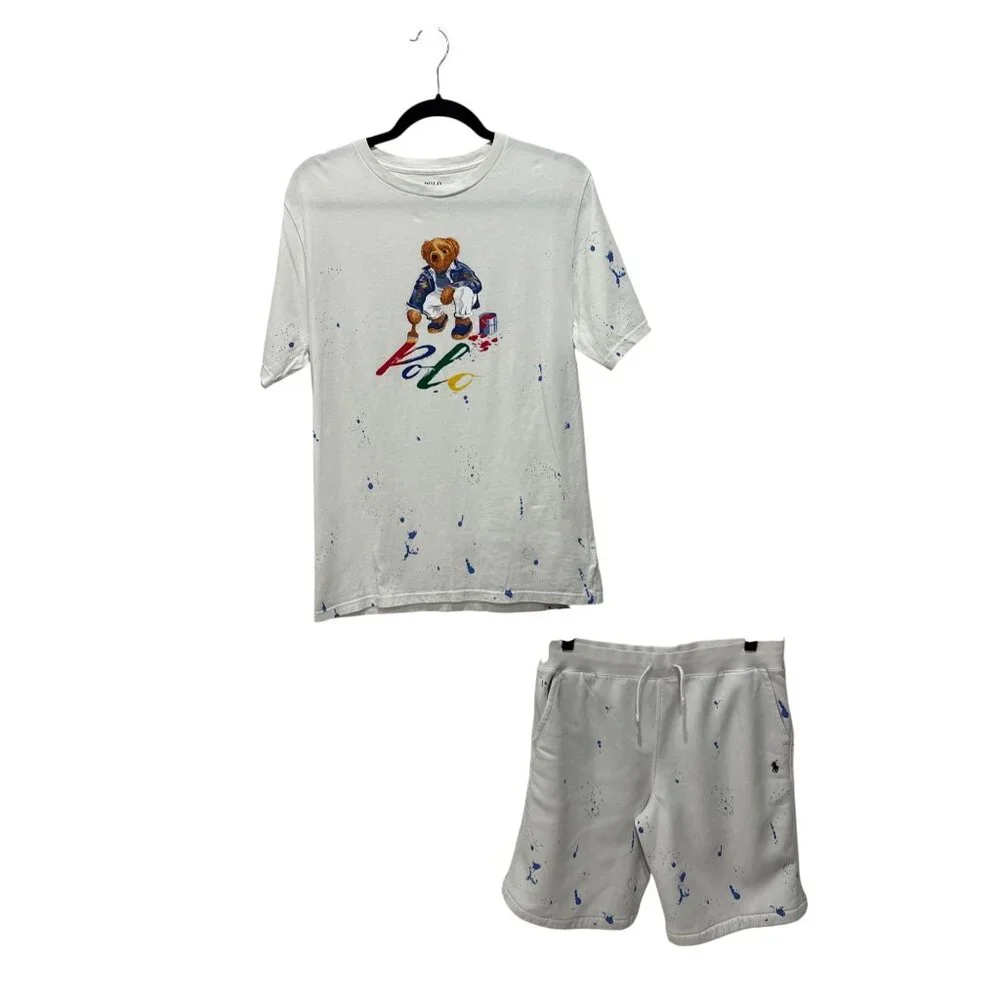 POLO Ralph Lauren Boys Youth Polo Bear White Paint T-Shirt & Shorts Outfit XL(18